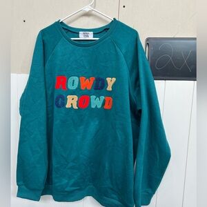 Plus size 2X Teal Sweatshirt with Colorful 'Rowdy Crowd' Embroidery